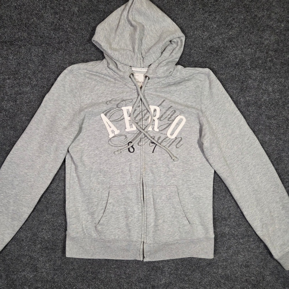 Aeropostale Hoodie Womens L Gray Full Zip Graphic Sweatshirt AERO 87 Y2K Casual